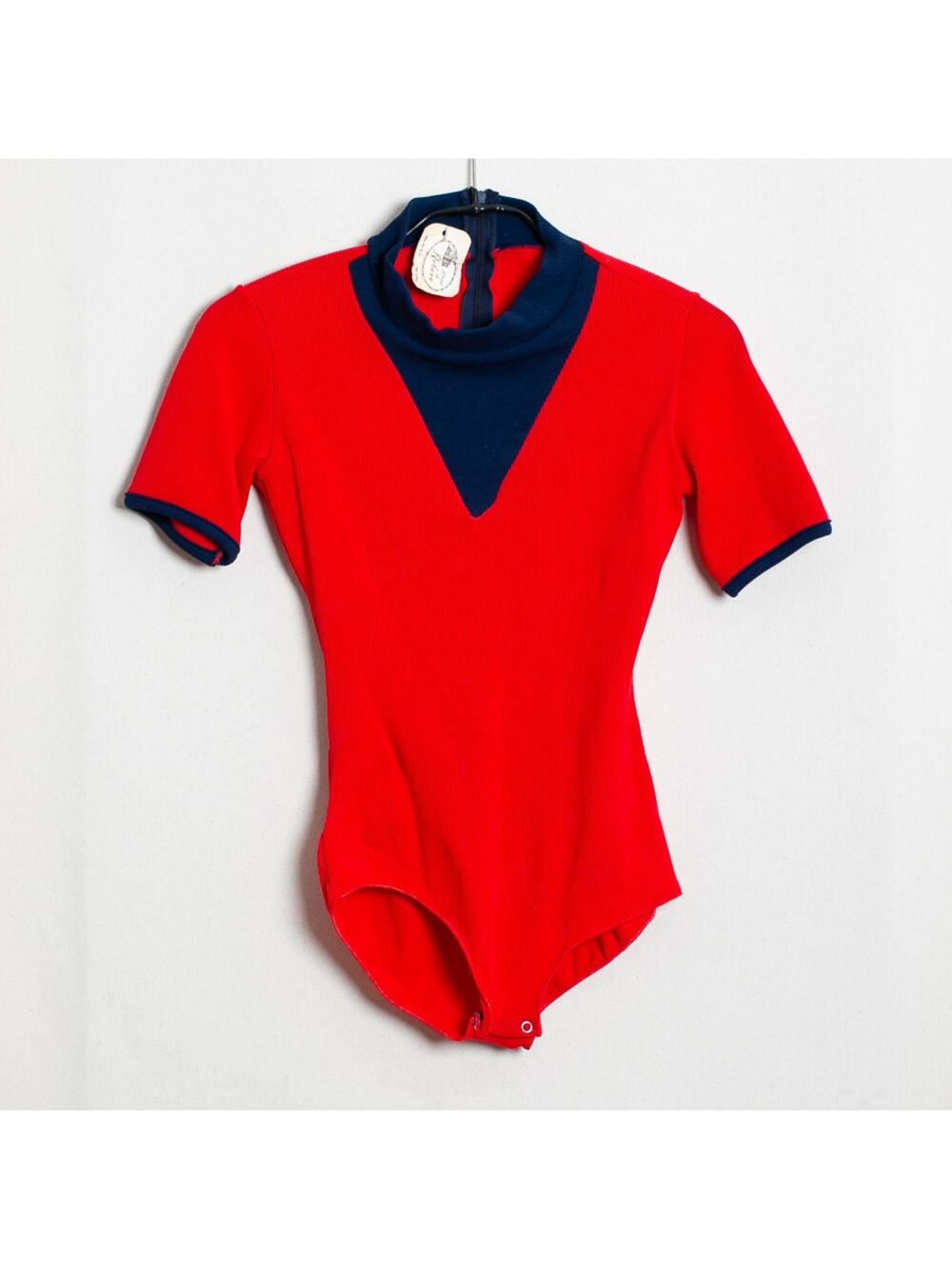 Vintage 60s 70s House of Robere RibbedBodysuit Red Navy Colorblock Deadstock S